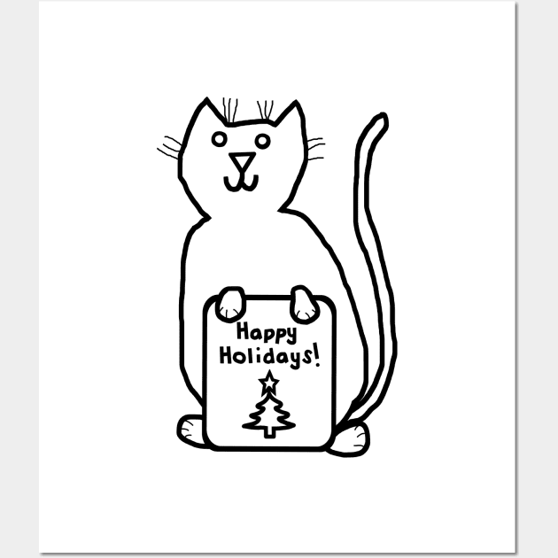 Cute Christmas Cat says Happy Holidays Line Drawing Wall Art by ellenhenryart